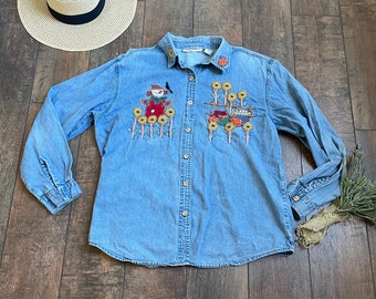 Vintage Denim Halloween Shirt, Chambray Halloween Shirt, Pumpkin Denim Shirt, Vintage Halloween Teacher,90s Halloween Shirt, Scarecrow shirt