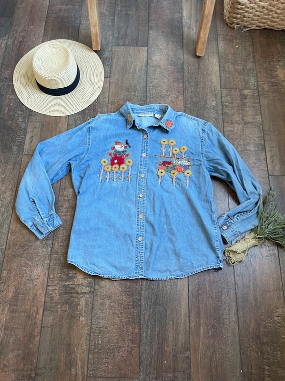Vintage Denim Halloween Shirt, Chambray Halloween Shirt, Pumpkin Denim Shirt, Vintage Halloween Teacher,90s Halloween Shirt, Scarecrow shirt