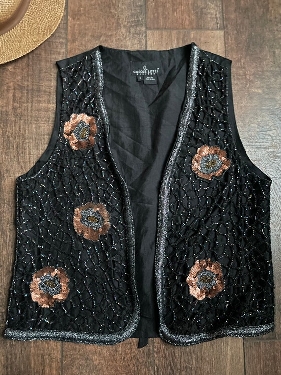 Vintage 90s Sequin Vest Halter Neck Tie Black Silver 6 8 10