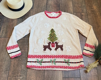 Vintage 90s Reindeer Sweater, 90s Christmas Tree Sweater, Vintage Deer Sweater, 90s Christmas Sweater, Pretty Vintage Christmas Sweater,