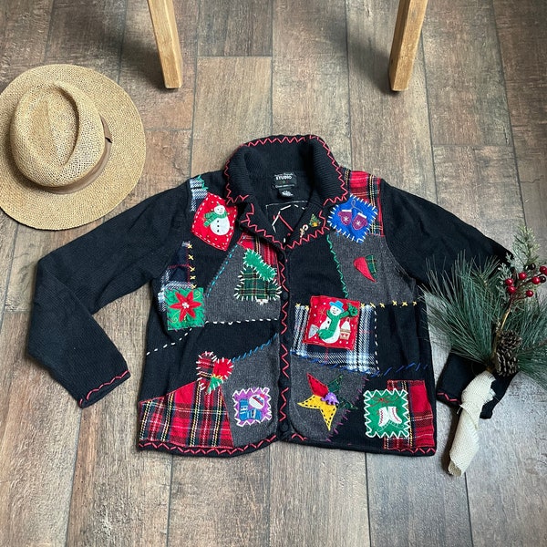 Y2K Winter Holiday Sweater, Quilted Christmas Sweater, 90s Collared Christmas Cardigan Sweater, Patchwork Christmas Cardigan, Snowman Cardi