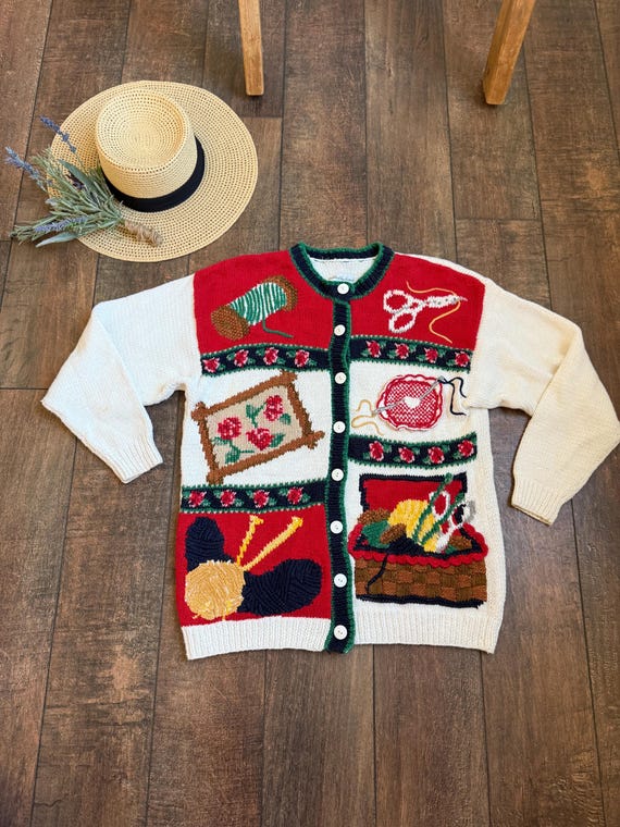 Vintage 90s Christmas Craft Cardigan - Vintage Crafter Cardigan - Size Medium