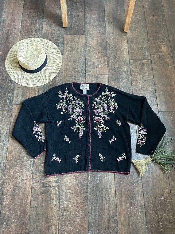 Vintage Floral Cardigan Sweater, Vintage Embroider