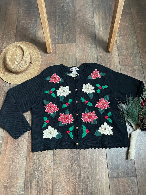 Vintage Christmas Cardigan Sweater, Poinsettia Car