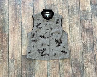 Vintage Tweed Autumn Leaves Vest, 90s Autumn Vest, Tweed Wool Leaves Vest, Vintage 90s Fall Vest, 90s Meg Ryan Vest, Wool High Collar Vest