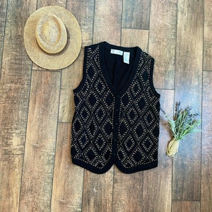 Vintage 90s Beaded Sweater Vest, 90s Vintage Sweater Vest, Studio Collection Sweater Vest, Diamond Beaded Sweater Vest, Gold Silver Beaded