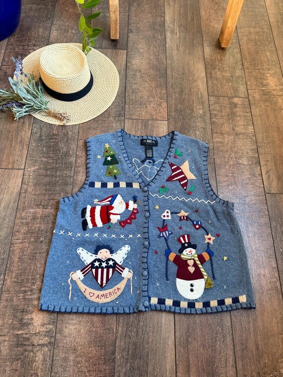 Vintage 90s Patriotic Christmas Sweater Vest,90s Patriotic Santa Vest,90s Patriotic Santa Sweater Vest, LARGE