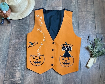 Vintage 90s Halloween Vest, Pumpkin Kitty Vest, Vintage 90s Halloween Pumpkin Vest, 90s Black Cat Halloween,Classic Classy 90s Pumpkin Vest