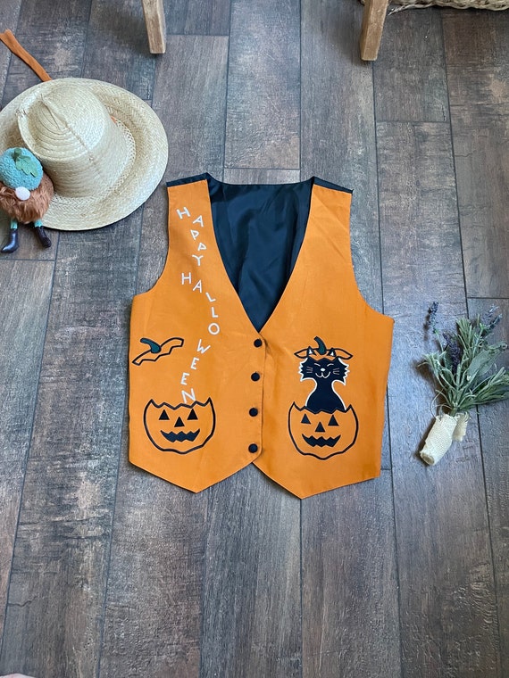 Vintage 90s Halloween Vest, Pumpkin Kitty Vest, V… - image 1