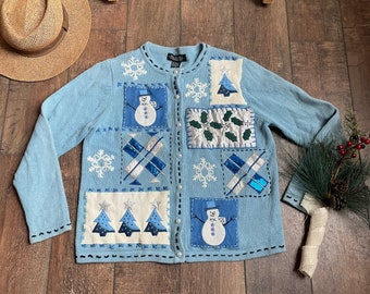 Vintage 90s Christmas Cardigan, Vintage Snowman Cardigan, Vintage Snowman Christmas Sweater, 90s Cute Christmas Cardigan