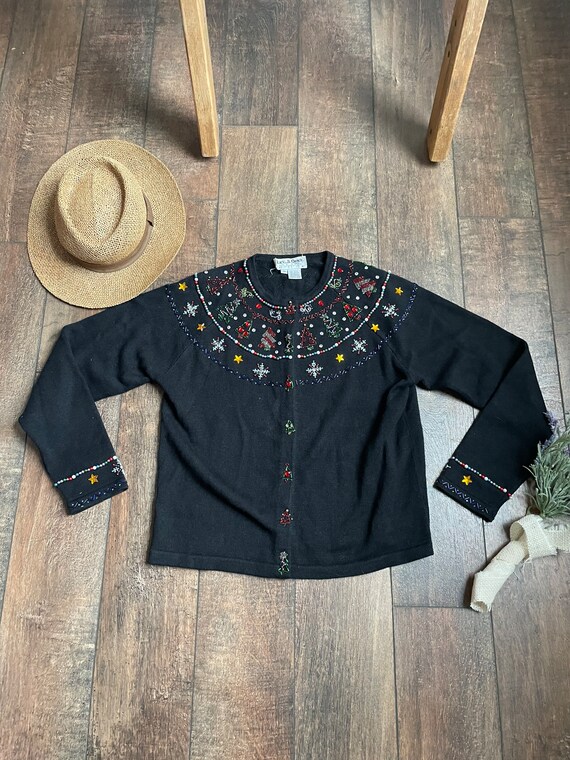 Vintage 90s Beaded Christmas Tree Cardigan Sweater