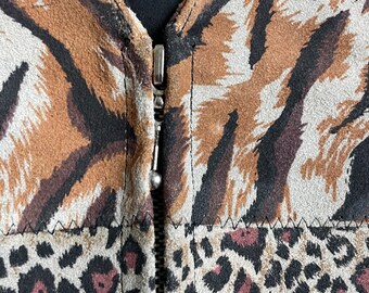 Vintage 90s Leather Leopard Print Vest,90s Safari Vest,vintage