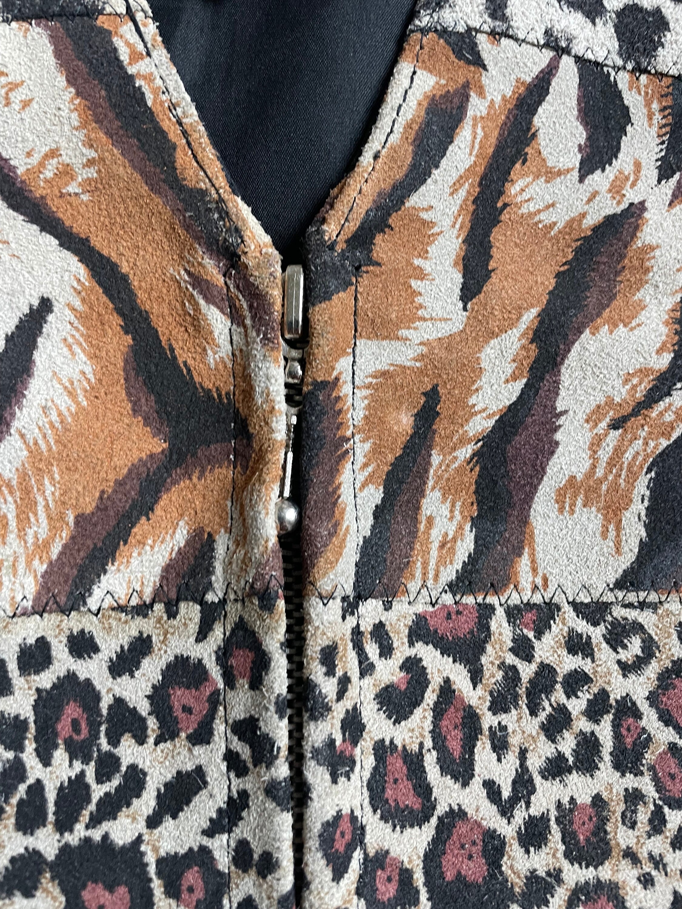 Vintage 90s Leather Leopard Print Vest,90s Safari Vest,vintage
