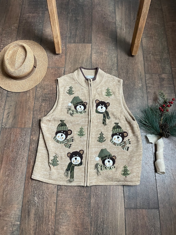 Vintage 90s Christmas Teddy Bear Sweater Vest,90s… - image 1