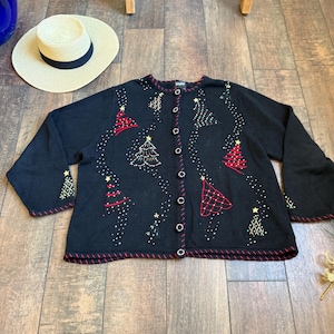Vintage 90s Beaded Christmas Tree Cardigan Sweater, Beaded Christmas Sweater, 90s Vintage Christmas Cardigan Sweater, Beaded Christmas Tree