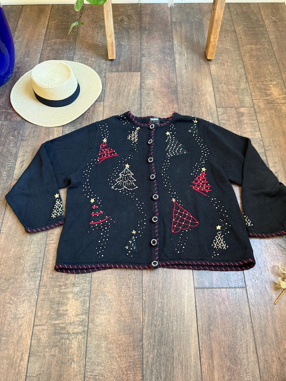 Vintage 90s Beaded Christmas Tree Cardigan Sweater, Beaded Christmas Sweater, 90s Vintage Christmas Cardigan Sweater, Beaded Christmas Tree