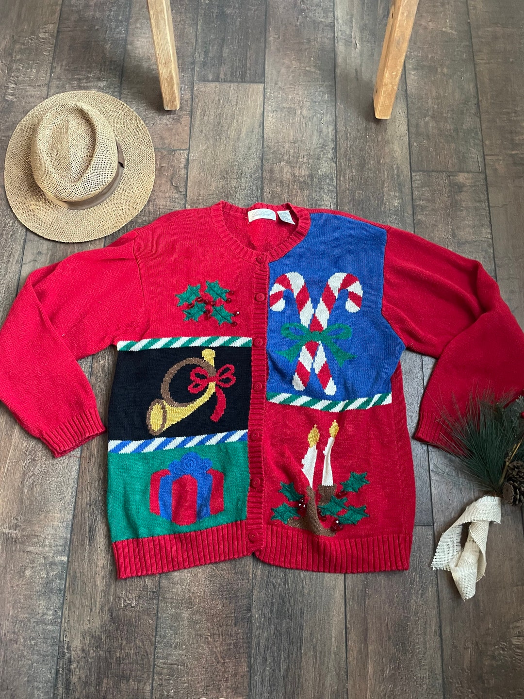 Vintage 90s Christmas Cardigan, Vintage Candy Cane Cardigan, Vintage