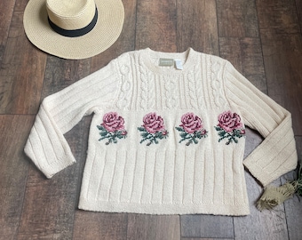 Vintage 90s Knit Rose Sweater, Clarissa Explains it All Sweater, Vintage Liz Claiborne Sweater, 90s Knit Sweater with Roses,90s Prep Sweater