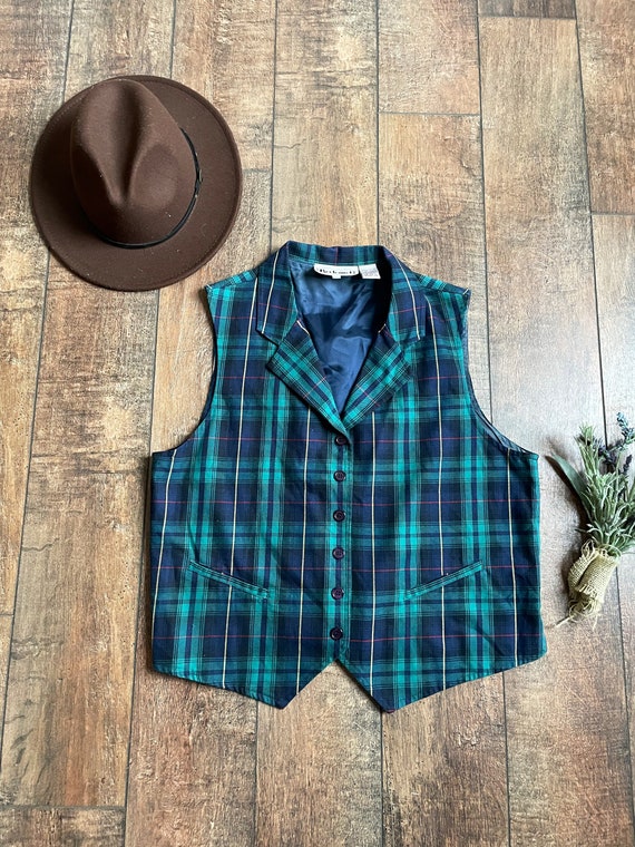 90s Vintage Blue Green Plaid Vest, 90s Preppy Clue