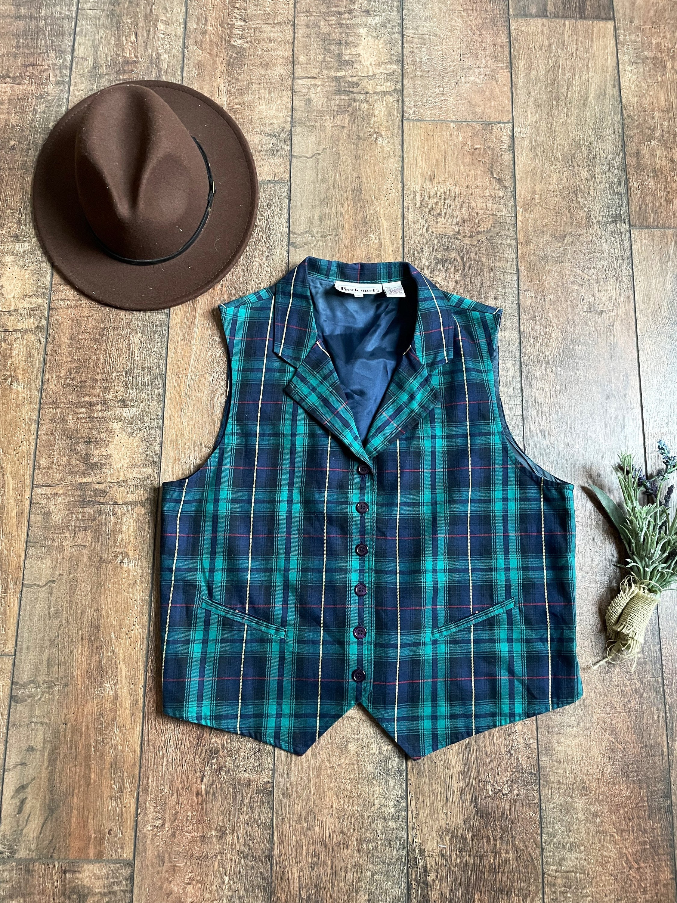 90s Vintage Blue Green Plaid Vest 90s 