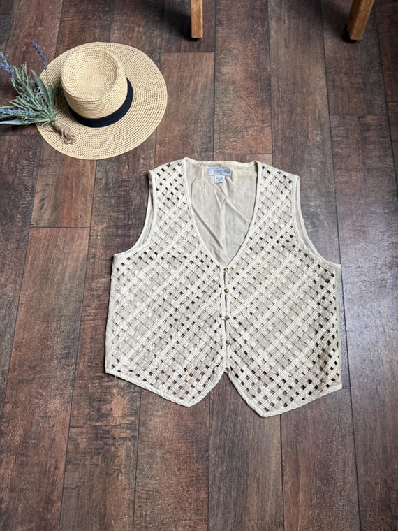 Vintage 90s Khaki Lattice Vest, 90s Nuetral Vest, Vintage Granola Girl Vest, 90s Mom Vest, Vintage Lattice Vest, 90s Vest, Khaki Vest LARGE