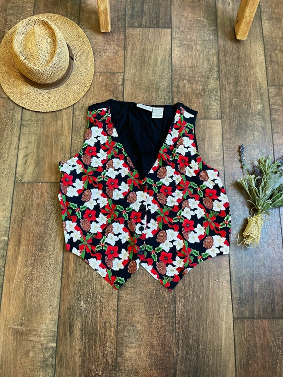 Vintage 90s Christmas Vest, Christmas Flower Vest,