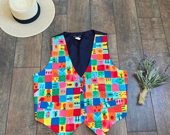 Vintage Jesse Spano Vest, 90s Bright Fruit Vest, Vintage Colorful Vest, Summer Vest,90s Checkered Fruit Vest,Classic 90s Vest, Fun Fish Vest