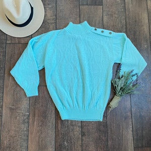 Vintage Blue Mint Turtleneck Sweater With Shoulder Buttons, Vintage 90s Turtleneck Sweater, Vintage 90s Cozy Turtleneck