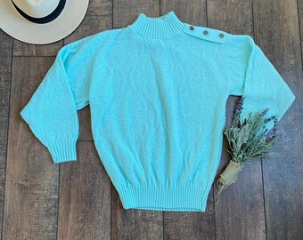 Vintage Blue Mint Turtleneck Sweater With Shoulder Buttons, Vintage 90s Turtleneck Sweater, Vintage 90s Cozy Turtleneck