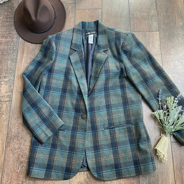 Vintage 90s Wool Plaid Blazer, Olive Green Wool Blazer, 40s Style Wool Blazer, Meg Ryan Wool Blazer, 90s Women’s Blazer, Plaid Wool Blazer