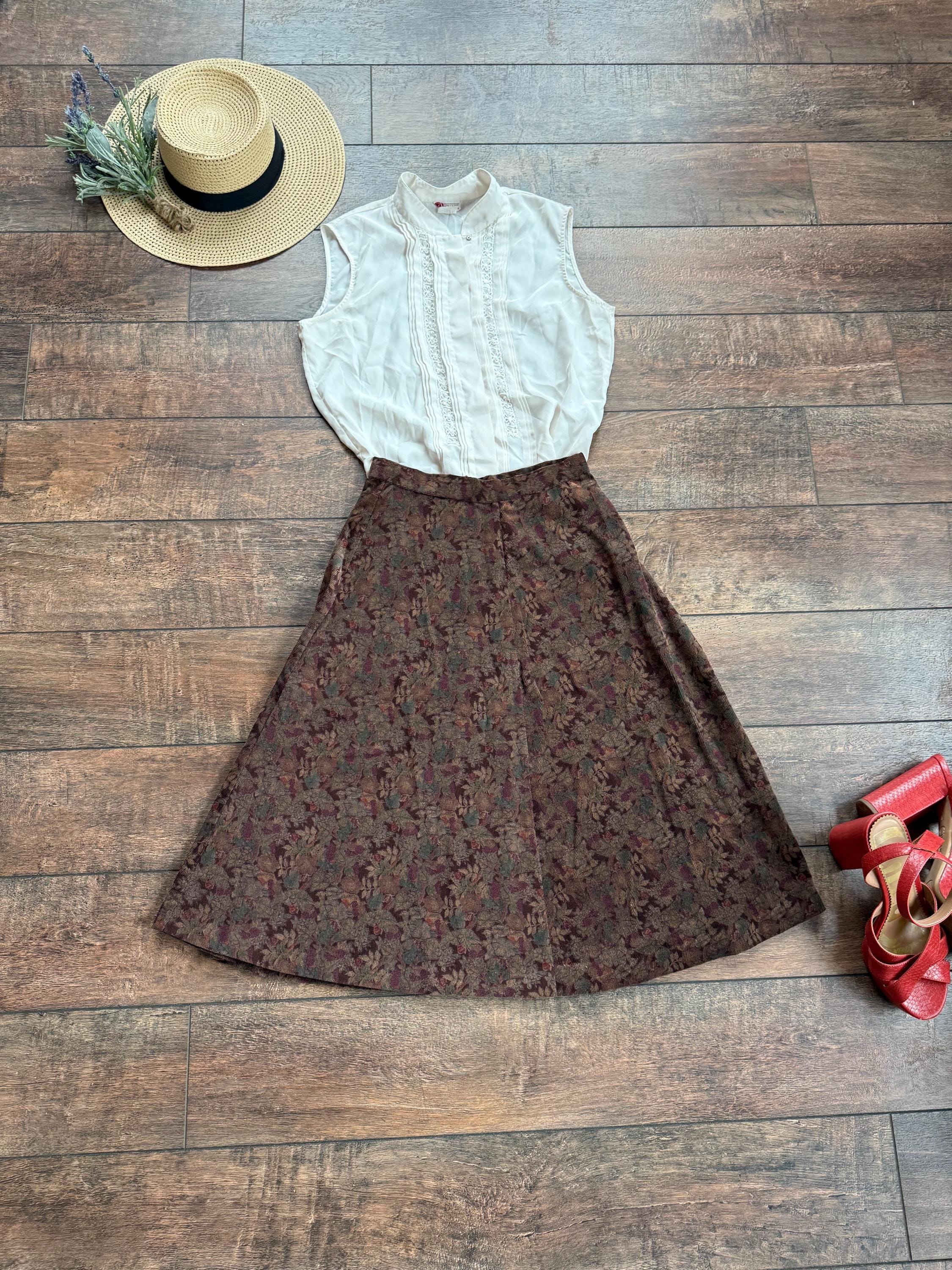 Vintage Floral Corduroy Skirt, Retro Floral Skirt, 90s Corduroy