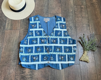 Vintage 90s Brocade Denim Floral Patchwork Vest, 90s Floral Vest, Vintage Denim patchwork Vest,  90s Mom Vest, Vintage Floral Vest, 90s Vest
