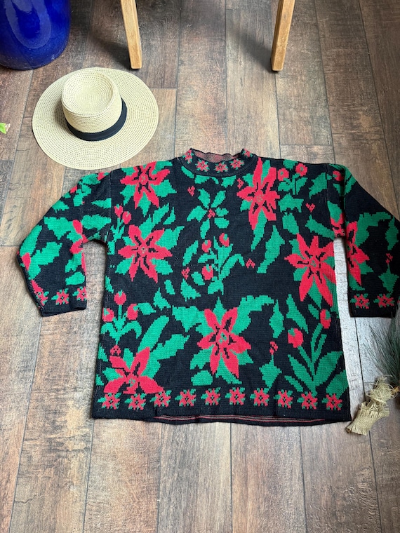 Vintage Pullover Christmas Sweater, Poinsettia Cardigan, Poinsettia Christmas Sweater, 90s Christmas Sweater, Poinsettia Christmas Pullover