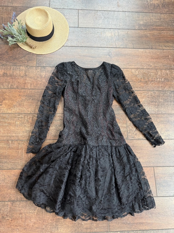 Vintage 80s/90s Black Lace Sequin Cocktail Dress - Size 3/4 - Made in USA
