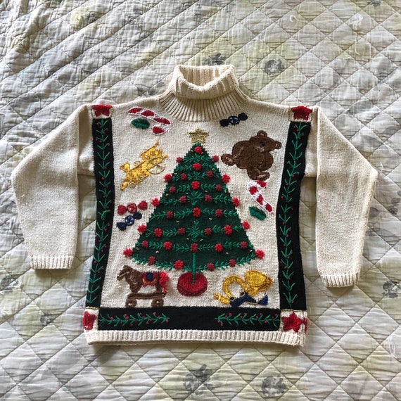 Vintage Christmas Turtleneck Sweater, Embroidered