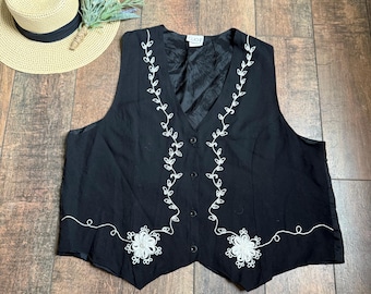 90s Embroidered Floral Vest: Black Rayon Wool Blend, Size 2X