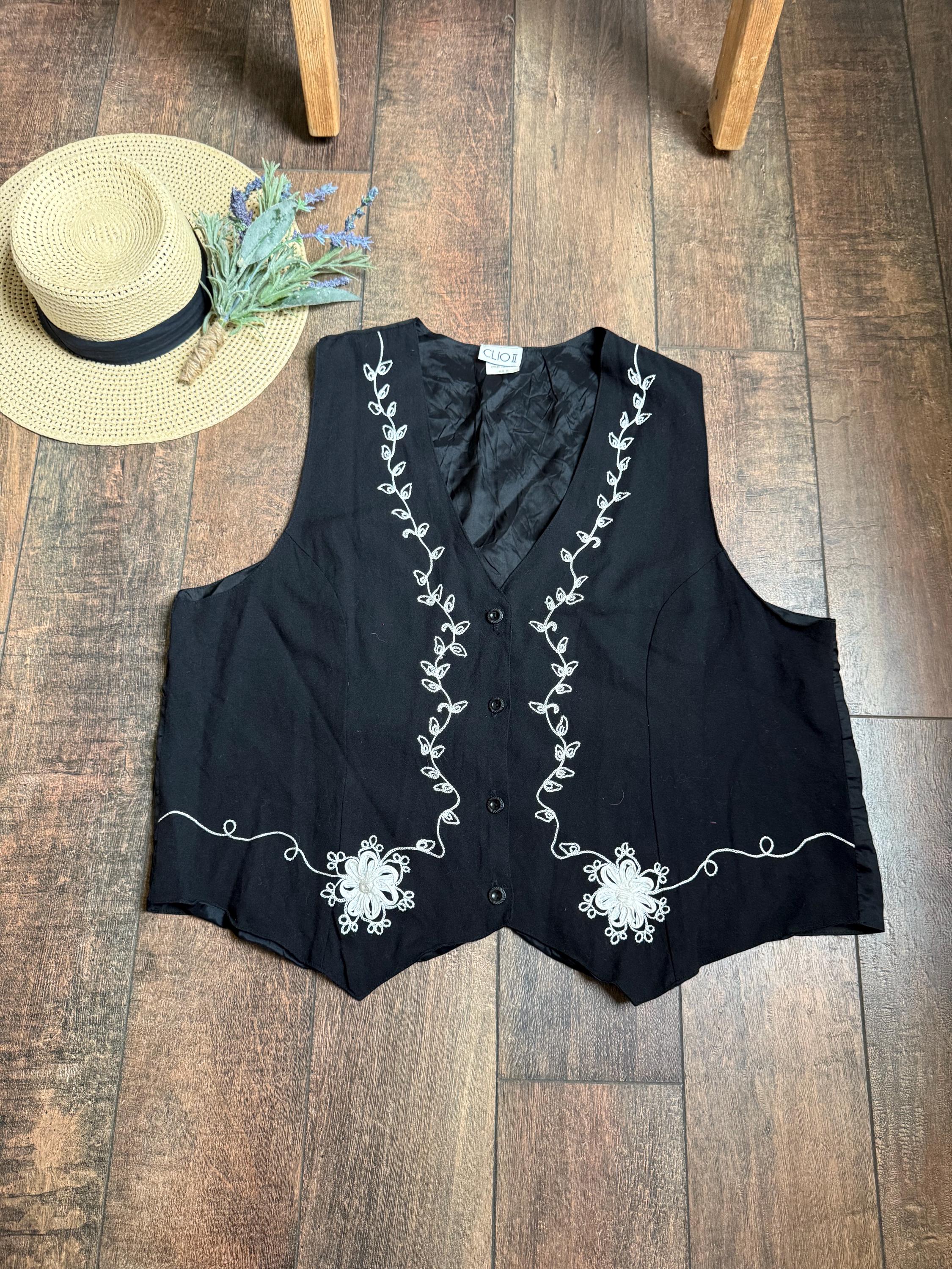 90s Embroidered Floral Vest: Black Rayon Wool Blend, Size 2X - Etsy