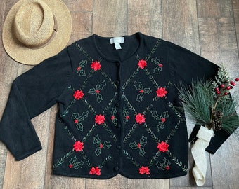 90s Holly Berry Christmas Cardigan,Vintage Christmas Cardigan,Vintage Holly Berry Christmas Cardigan Sweater, Floral Christmas Sweater