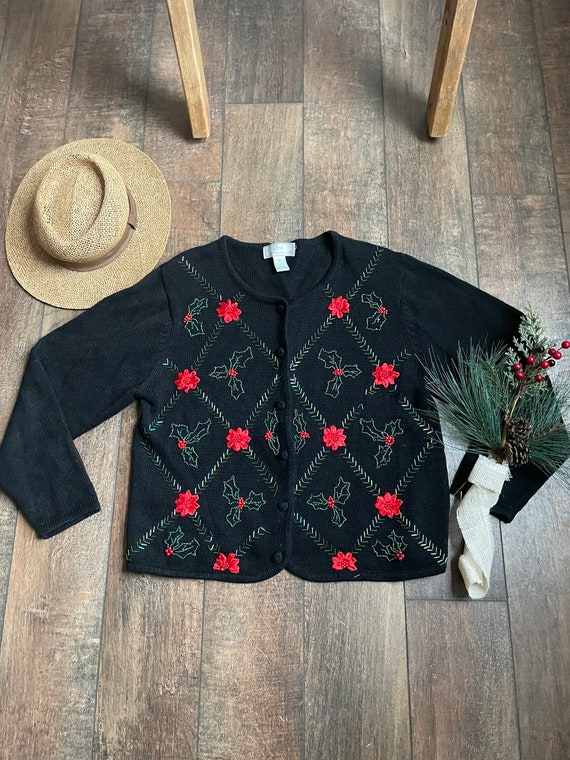 90s Holly Berry Christmas Cardigan,Vintage Christm