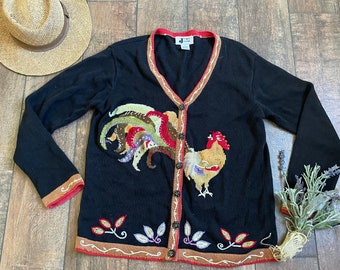 vintage 90s Rooster Cardigan Sweater, 90s Country Cardigan, 90s beautiful Rooster Cardigan, vintage Cardigan, 90s Mom Cardigan, Mme Frizzle
