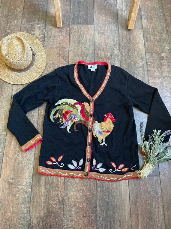 Vintage 90s Rooster Cardigan Sweater, 90s Country… - image 1