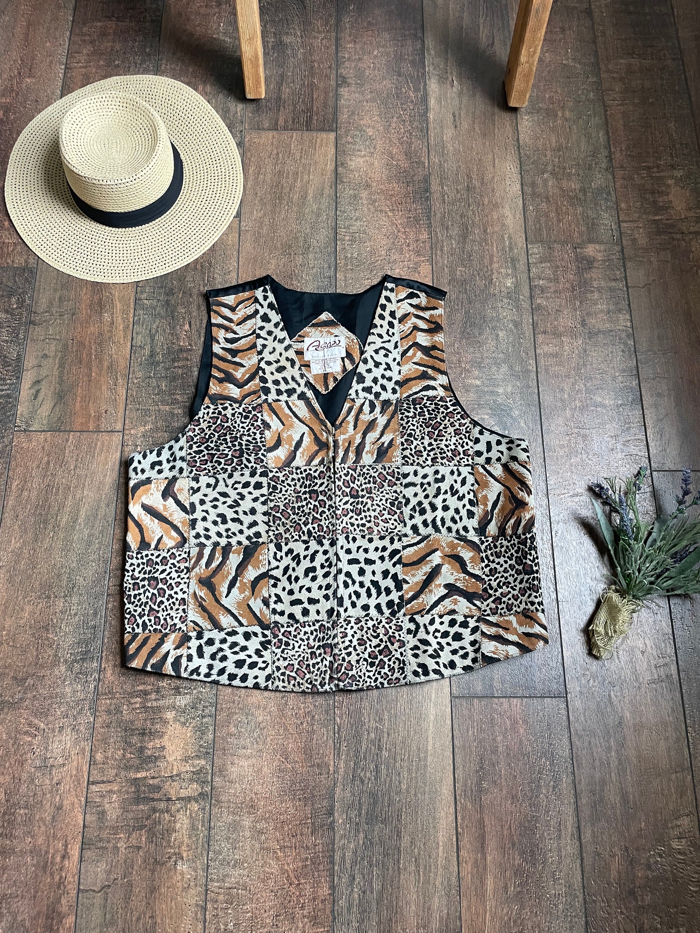 Vintage 90s Leather Leopard Print Vest,90s Safari Vest,vintage