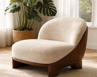 Mid Century Modern Boucle Accent Chair, Walnut Wood Base, Velvet Lounge Furniture