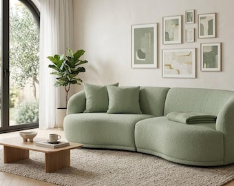 Minimalist Curved Bouclé Sofa,Japandi Organic Sectional Couch,Handmade Custom Luxury Sof,Modern Living Room Furniture,Cream Sage Green Grey