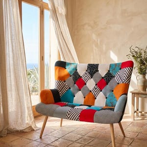 Colorful Patchwork Loveseat – Mid Century Modern Fabric Couch, Scandinavian Upholstered Bench
