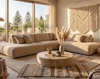 Luxury Bouclé Sectional Sofa,Custom L Shape Corner Couch, Japandi Modular Sofa,Low Profile Living Room Furniture,Handmade Modern Curved Sofa