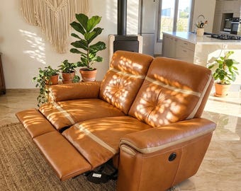 Brown Leather Reclining Loveseat – Power Recliner Couch for Home Office, Library, Living Room