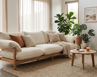 Handmade Solid Oak Scandinavian Japandi 3 Seater Sofa, Customizable Upholstery