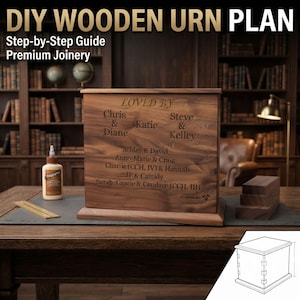 Op de afbeelding: Een doe-het-zelf houten urnplan met een rechthoekige notenhouten doos met gegraveerde namen waaronder Chris, Diane, Katie, Steve, Kelley, Ashley, David, Anne-Marie, Craig, Charile, Hannah, JP, Cassidy, Sarah, Gracie en Candace, en een fles houtlijm.