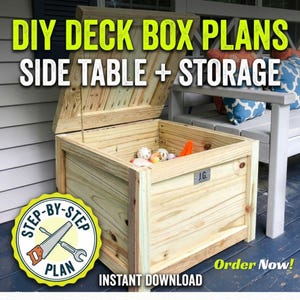 May include: A light-colored wooden deck box with an open lid, featuring a rectangular frame, a metal plate labeled J.G. on the front, and a yellow circular graphic with a saw and wrench icon and the text STEP-BY-STEP PLAN INSTANT DOWNLOAD.
